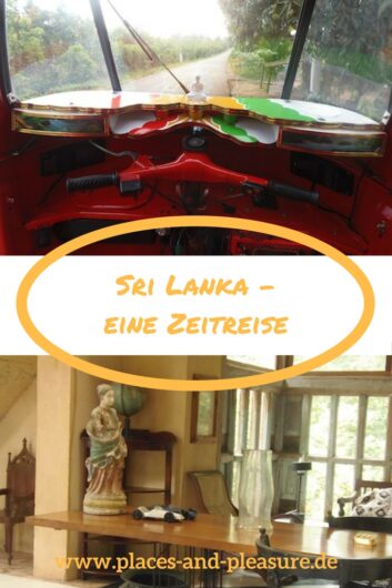 zwei Eindrücke aus Sri Lanka: Tuk Tuk mit Buddha und Arbeitszimmer Bawa