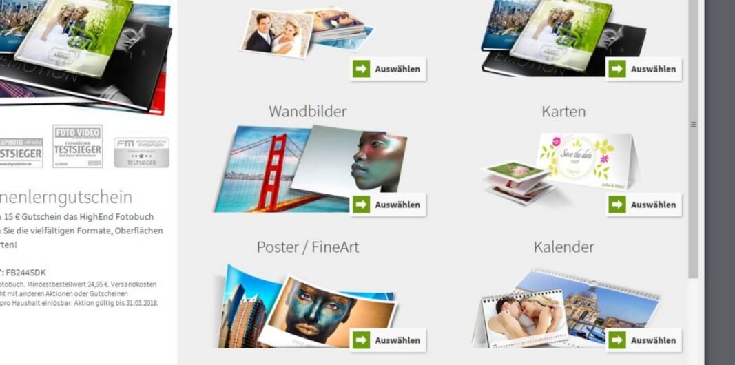 Auswahlbildschirm für die Fotoprodukte bei Saal Digital