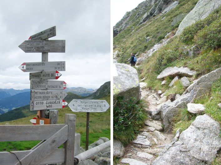 Wegweiser am Abzweig Richtung Kratzberger See auf Meran 2000