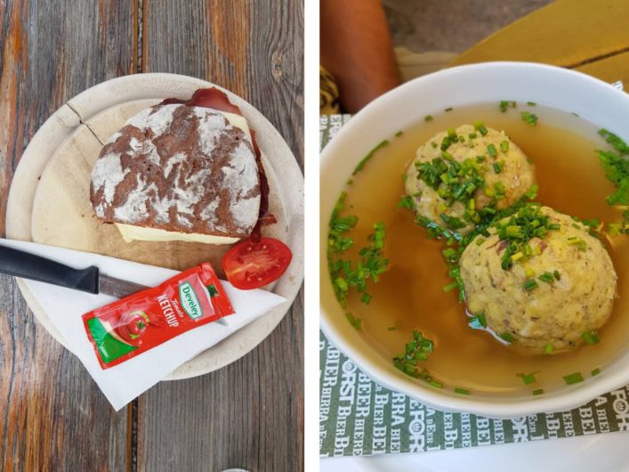 Almburger und Speckknödelsuppe als Jause auf der Alm