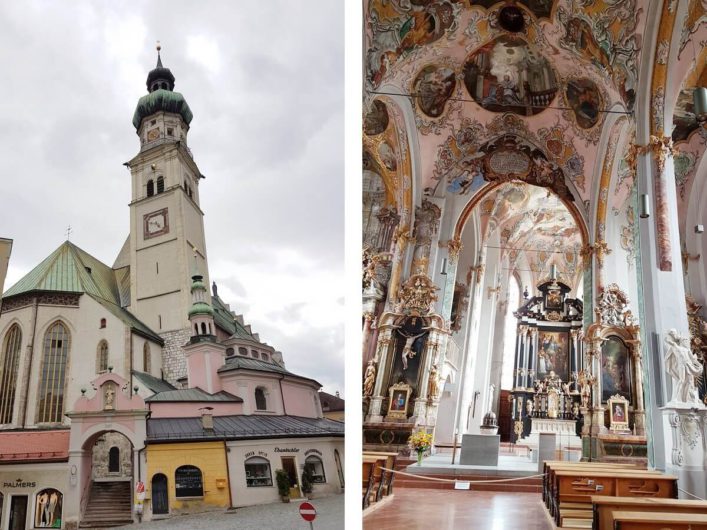 Blick auf die Pfarrkirche Hall und in ihren Innenraum