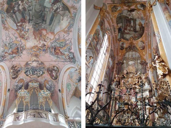 Orgel, Deckenbemalung und Reliquiensammlung in der Pfarrkirche Hall