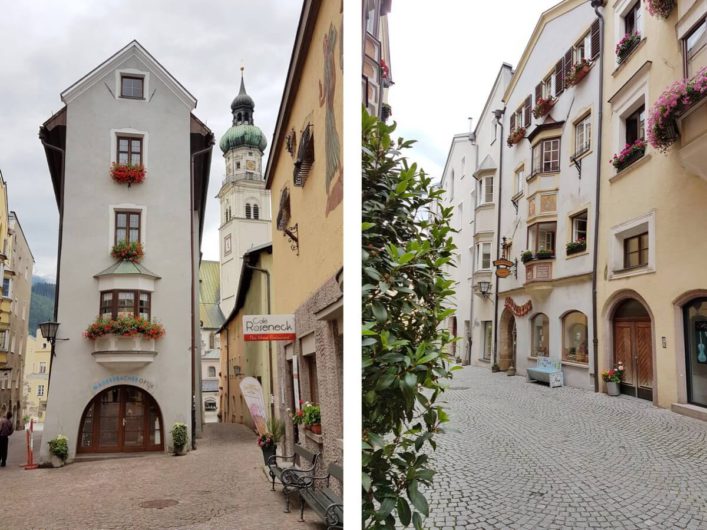 schmale Häuser und Gassen in der Altstadt von Hall in Tirol