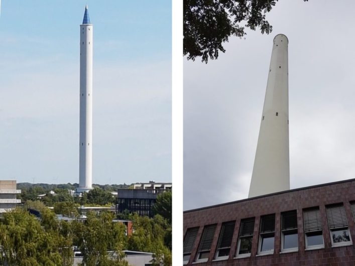 Blick auf den Fallturm des ZARM aus zwei verschiedenen Perspektiven