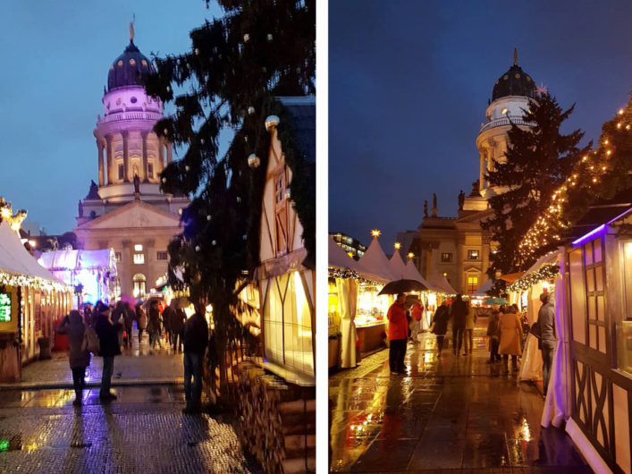 Blick durch die Gassen des Weihnachtszaubers am Gendarmenmarkt mit dem Deutschen Dom im Hintergrund