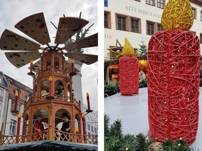 große Weihnachtspyramide und große Kerzen auf dem Weihnachtsmarkt in Leipzig