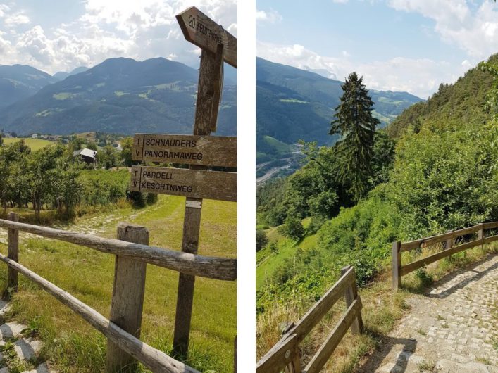 Schilder am Keschtnweg und der weitere Weg zwischen Feldthurns und Klausen