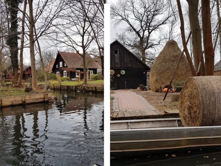 Spreewaldhäuser in Lehde und für den Spreewald typische Heuhafen