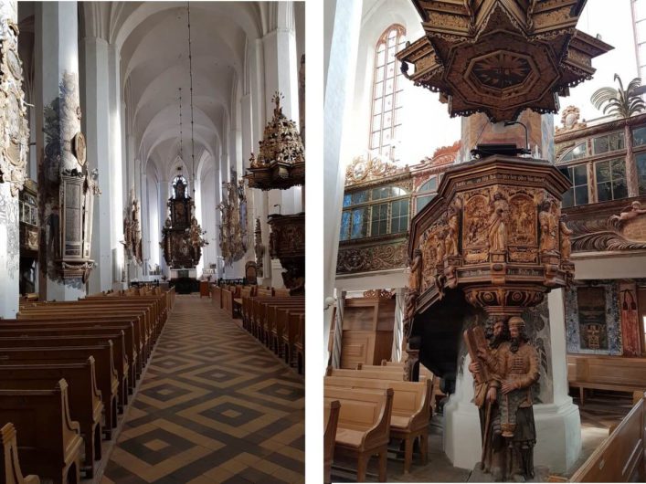 Blick in das Kirchenschiff von St. Nikolai in Luckau und die Kanzel