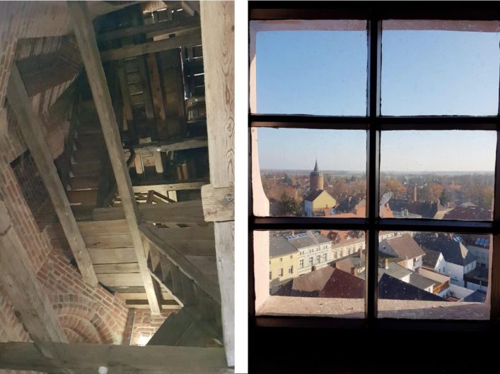 Treppen im Hausmannsturm und Blick über Luckau