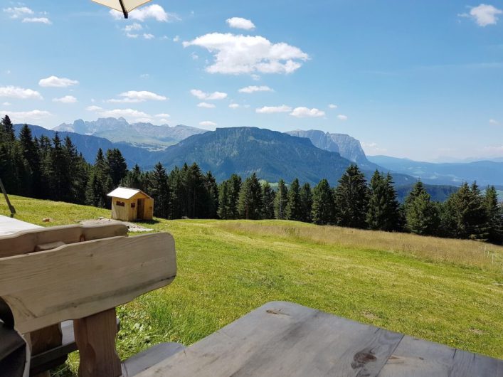 vor der Ramitzler Schwaige mit Blick Richtung Dolomiten