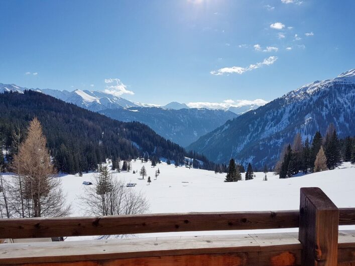 Schneelandschaft mit Wald und Bergen im Hintergrund