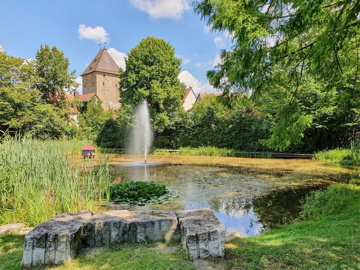 Dorfteich mit Springbrunnen vor dem Stadttor von Altdorf