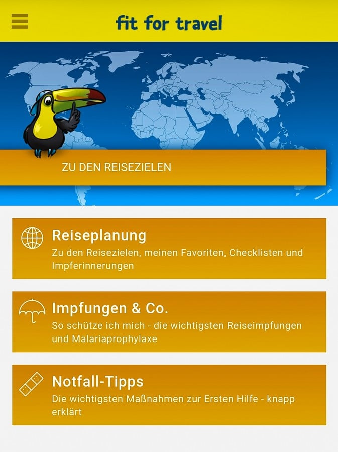 Screenshot der App fit for travel mit den Inhalten Reiseplanung, Impfungen & Co. sowie Notfall-Tipps