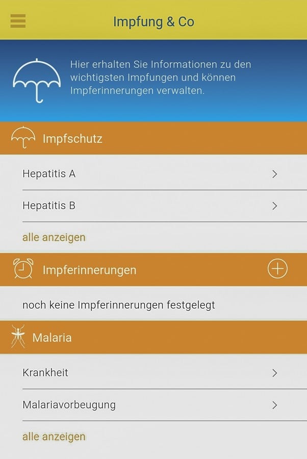 Screenshot aus den Impfinformationen zu Hepatitis in der App fit for travel