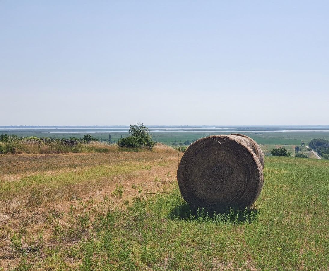 Felder und Strohballen vor dem Neusiedlersee in der Ferne