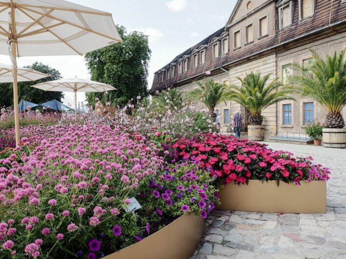 Blumenbeete mit Blick auf die Defensionskaserne