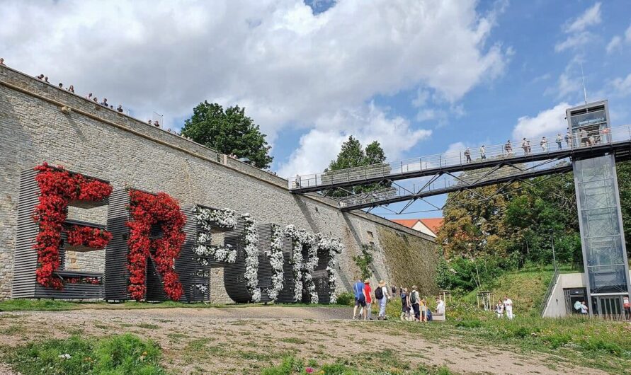 bepflanzter Erfurt-Schriftzug am Petersberg