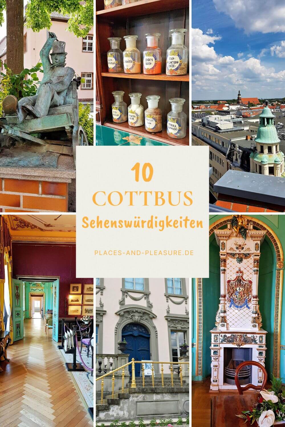 Bild für Pinterest mit Fotos zu sechs der zehn Cottbus Sehenswürdigkeiten