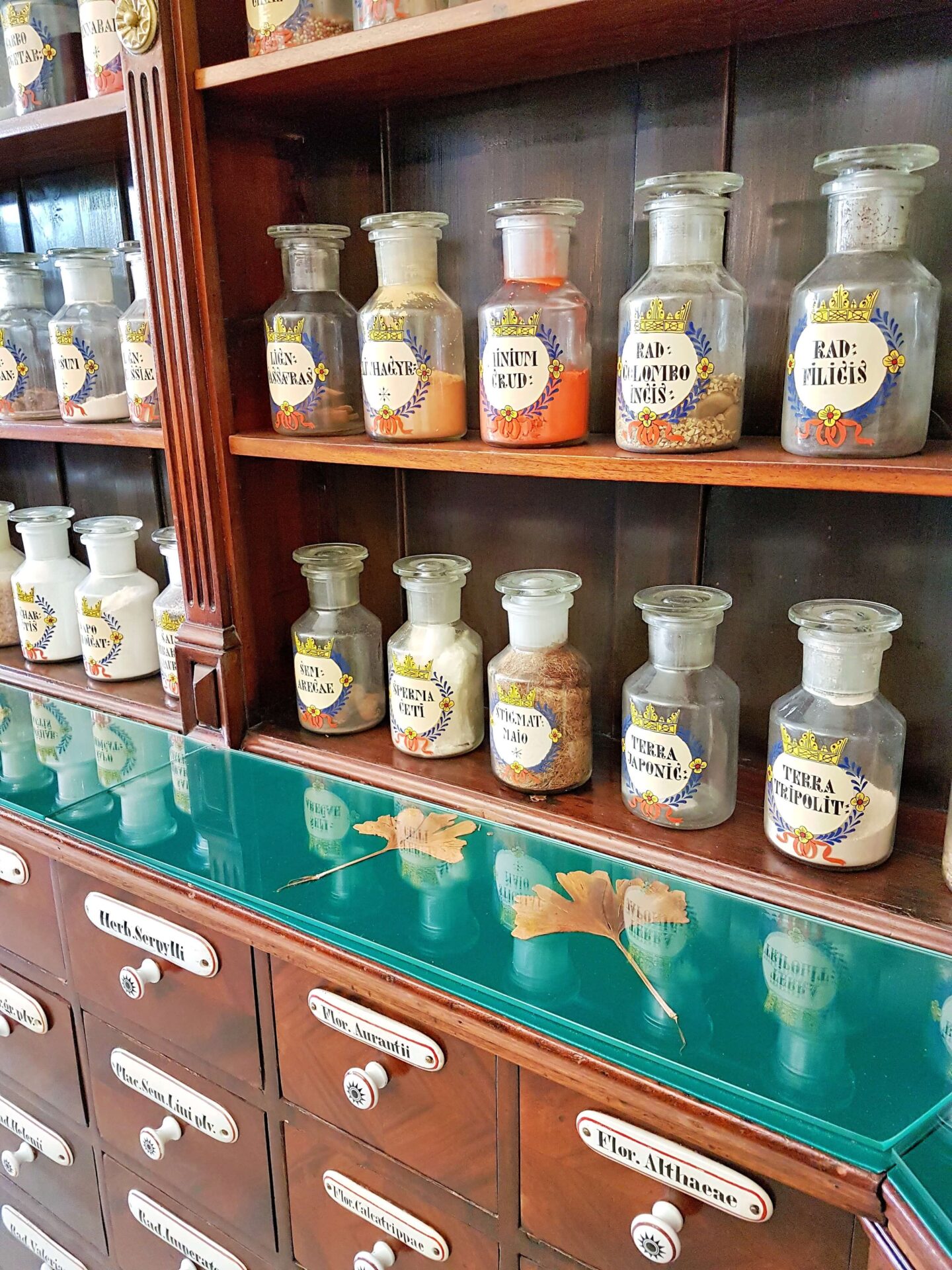 Fläschen mit Medizin in einem alten Apothekenschrank