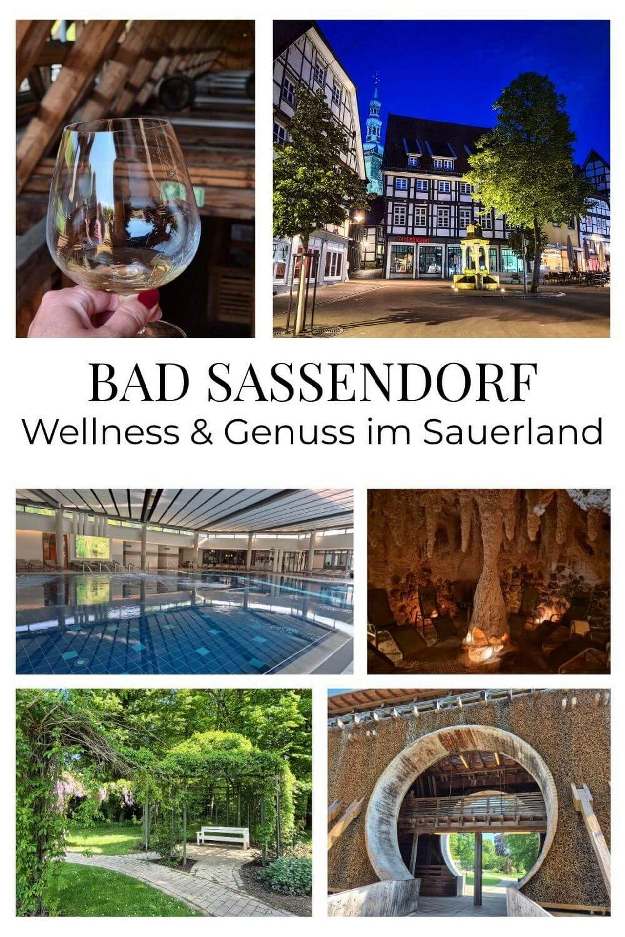 Pinterest-Collage mit sechs Impressionen aus Bad Sassendorf: Börde-Therme, Meersalzgrotte, Gradierwerk, Kurpark, Altstadt und Genussmoment mit Whiskyglas.